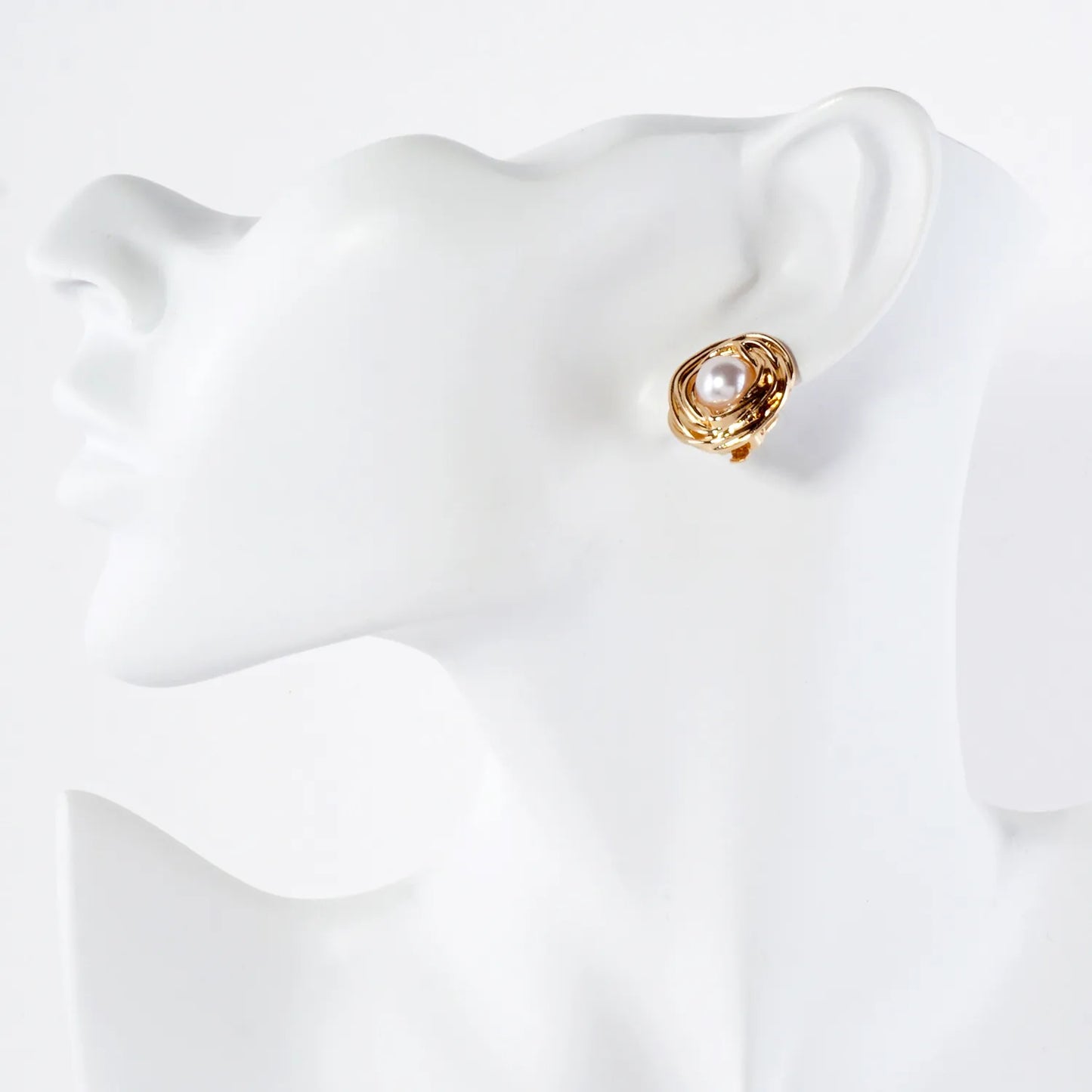 Textured Polished Metal Round Pearl Clip-On Earrings