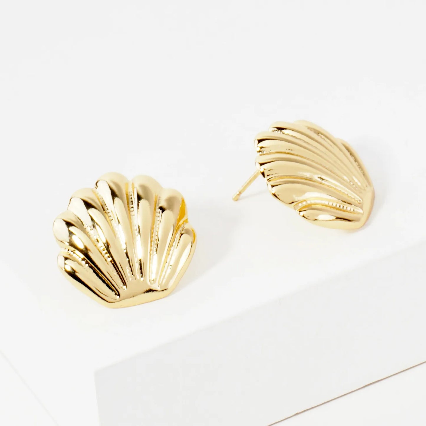 Textured Polished Seashell Design 14K-Gold-Dipped Brass Sea-Life Stud Earrings