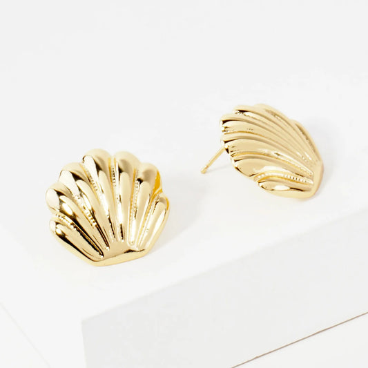 Textured Polished Seashell Design 14K-Gold-Dipped Brass Sea-Life Stud Earrings