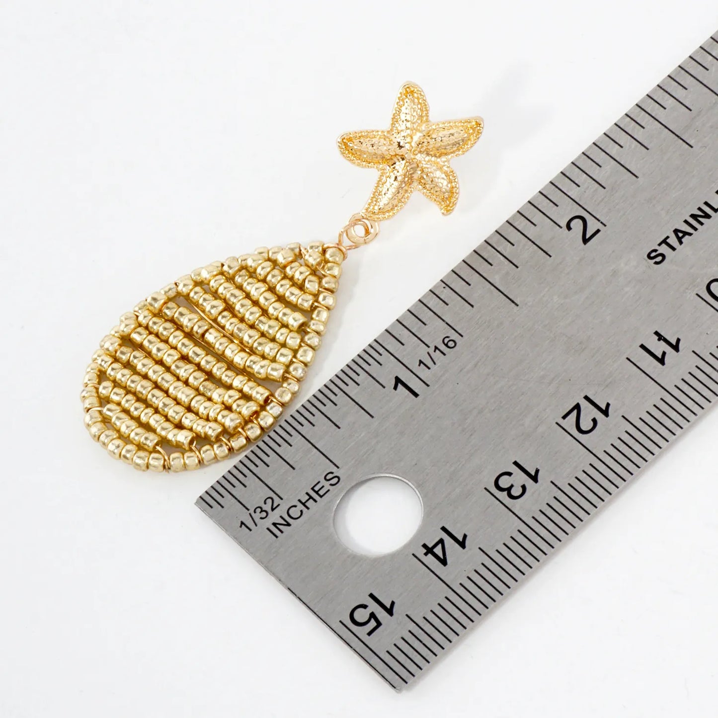 Textured Starfish Post Seed-Beaded Teardrop Drop Sea-Life Dangle Earrings