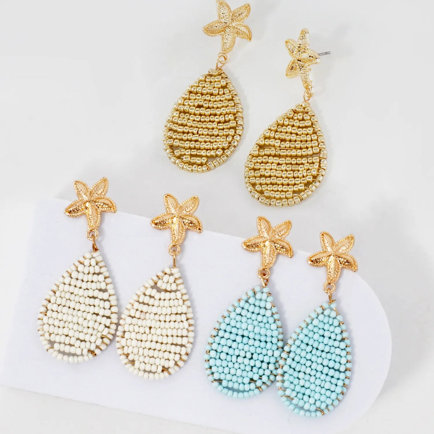 Textured Starfish Post Seed-Beaded Teardrop Drop Sea-Life Dangle Earrings