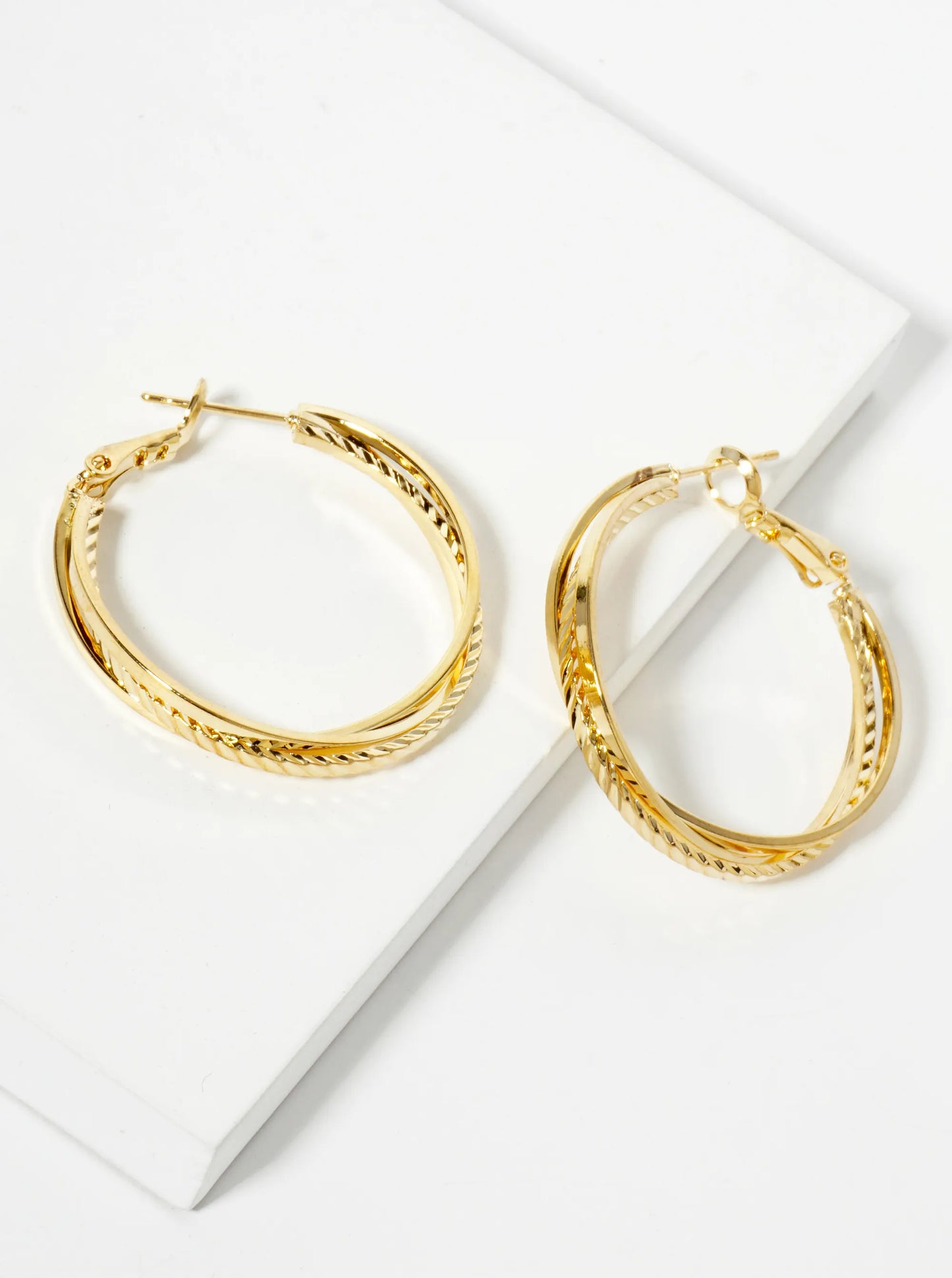 Textured Three Overlapping 14K-Gold-Dipped 30mm Latch-Back Hoop Earrings