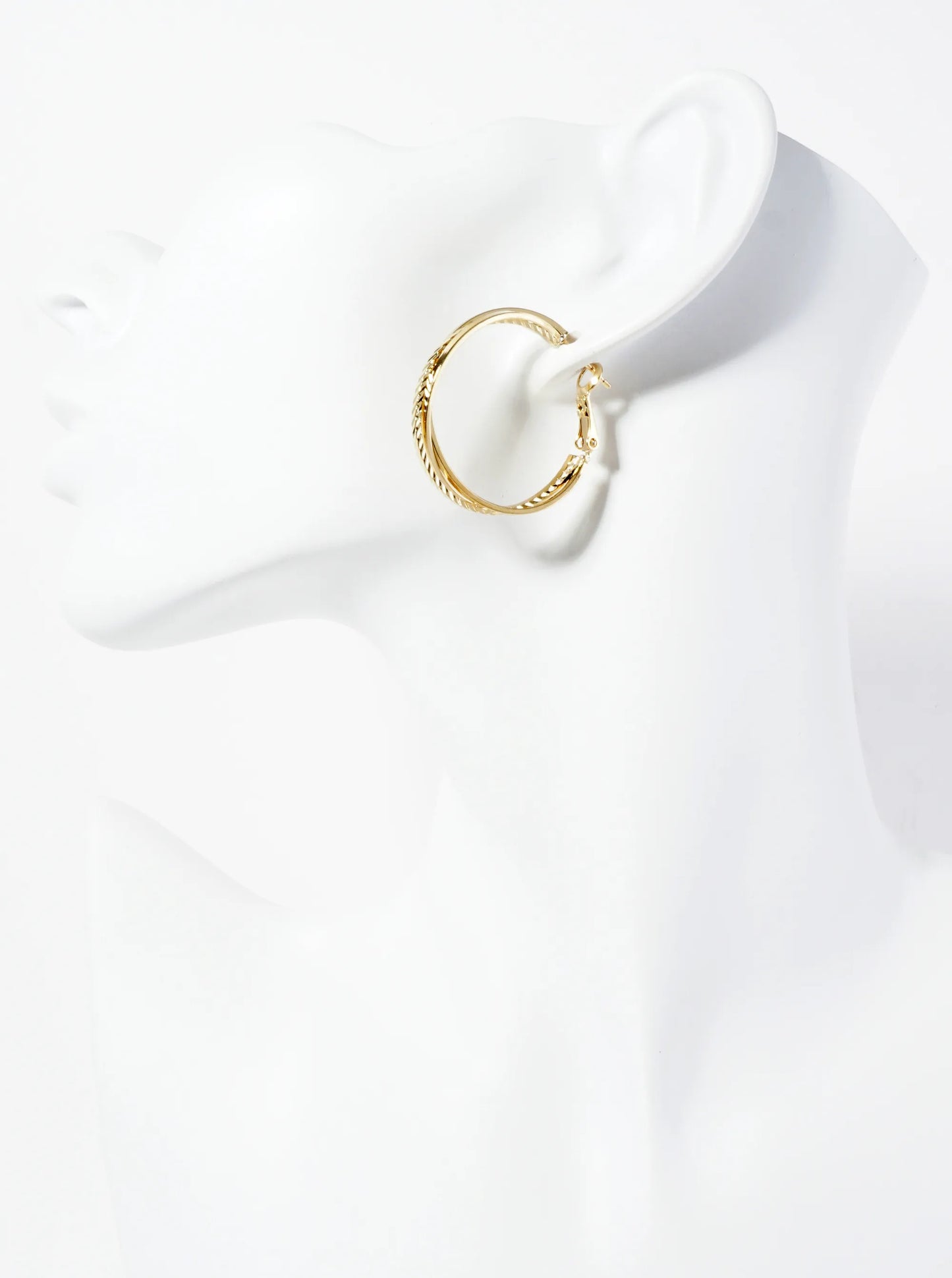 Textured Three Overlapping 14K-Gold-Dipped 30mm Latch-Back Hoop Earrings