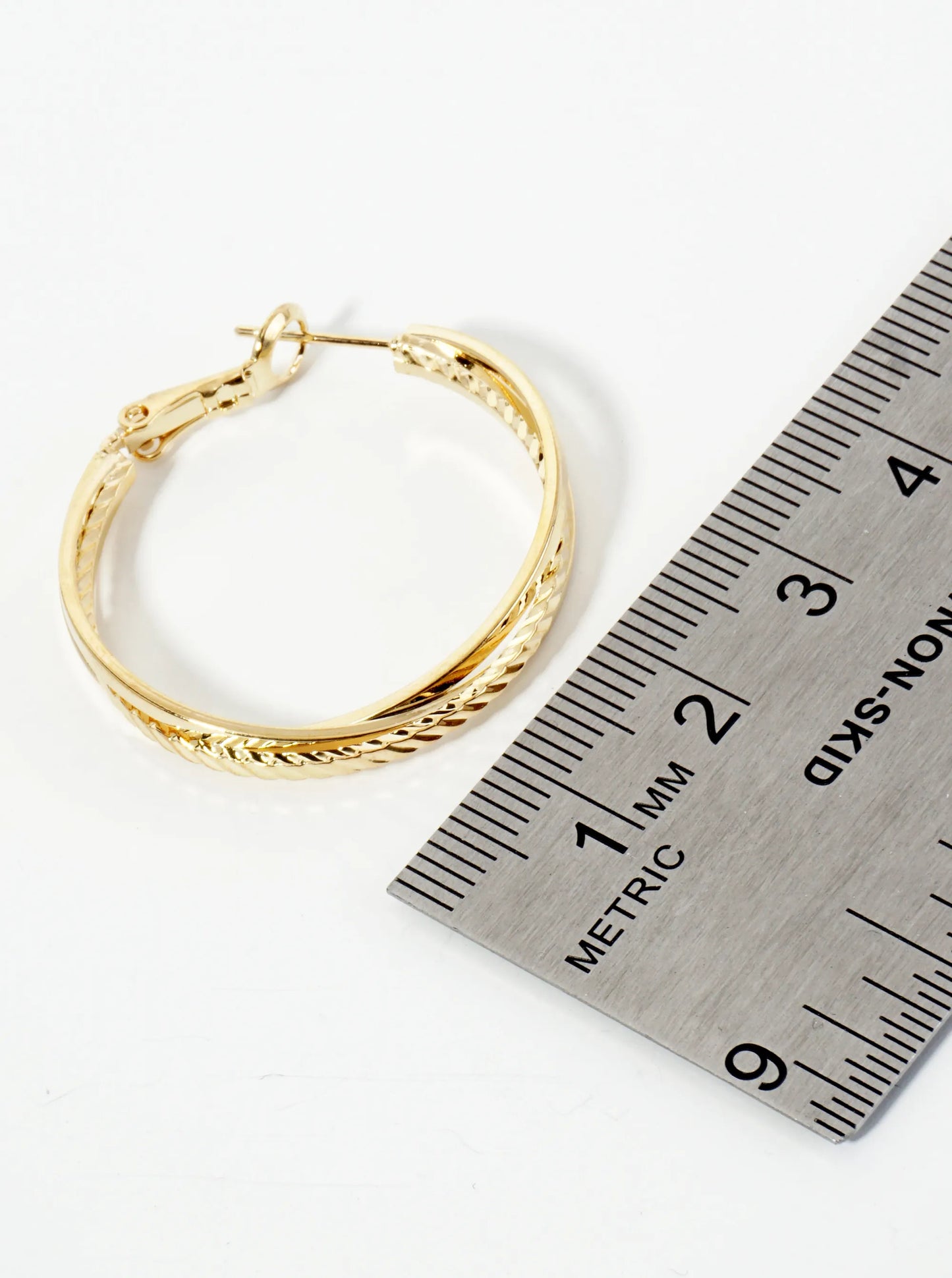 Textured Three Overlapping 14K-Gold-Dipped 30mm Latch-Back Hoop Earrings