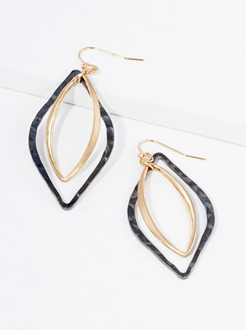 Textured Double Marquise Metal Dangle Drop Earrings