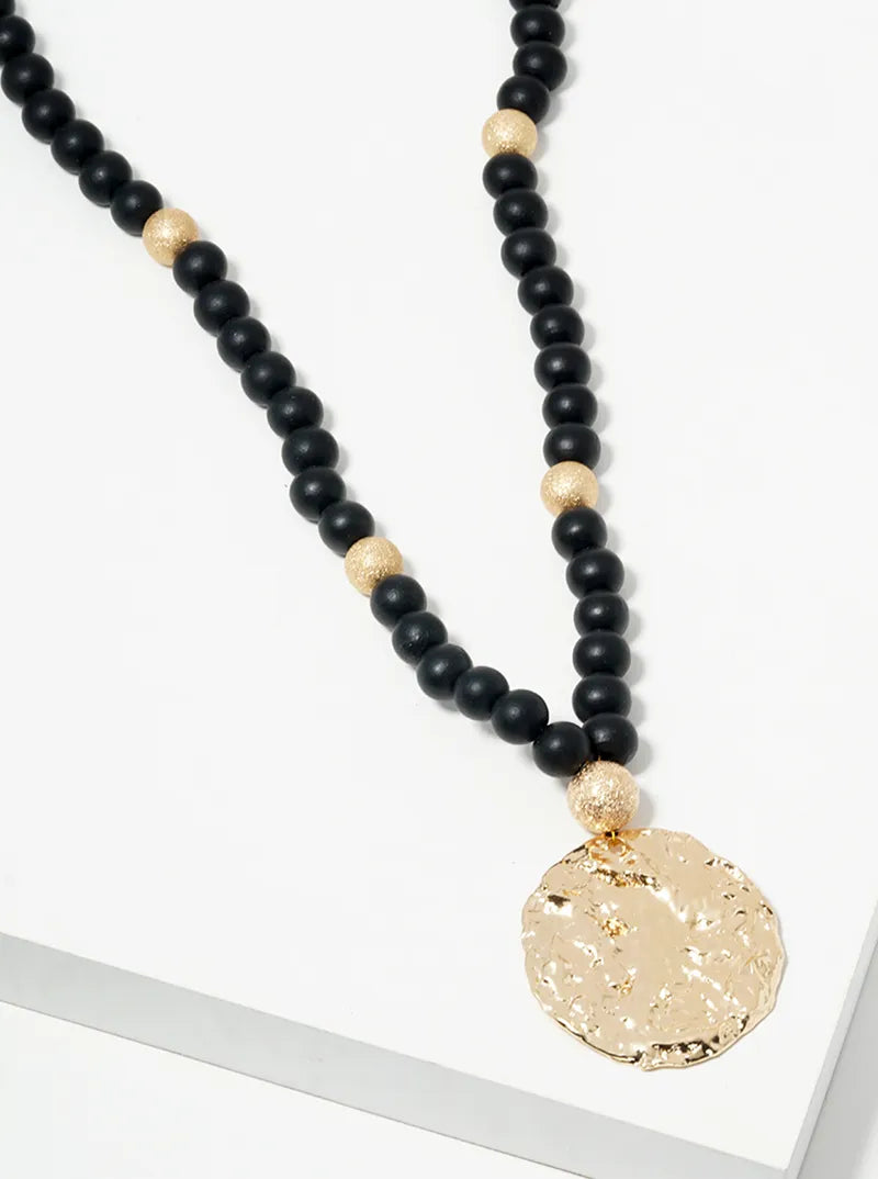 Textured Metal Disc Pendant Wood Beaded Long Necklace
