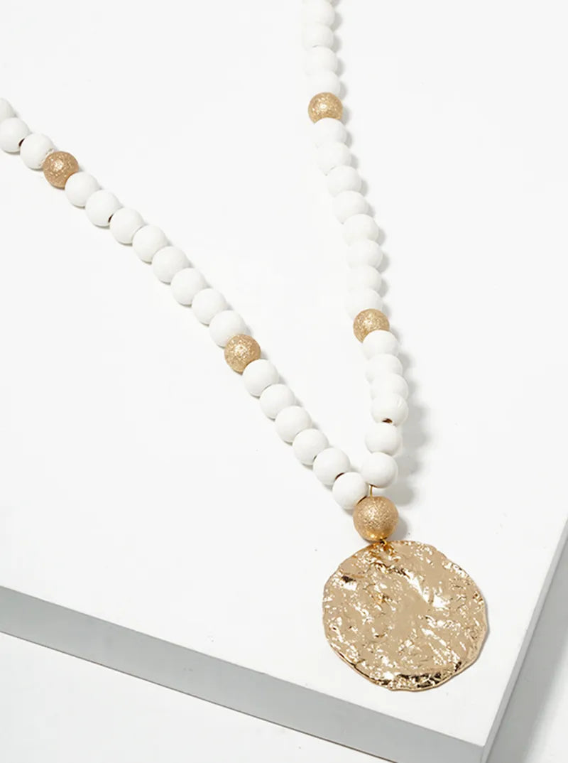 Textured Metal Disc Pendant Wood Beaded Long Necklace