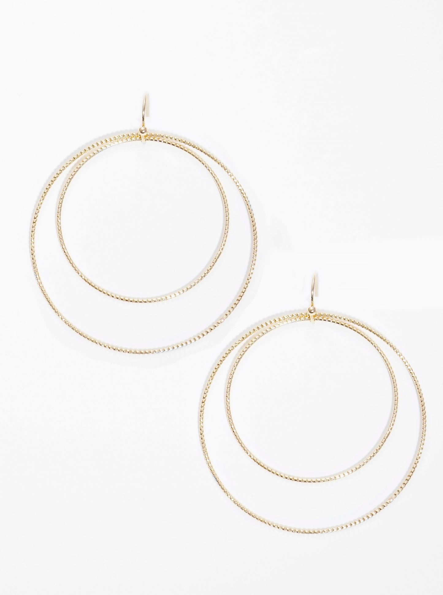 Textured Metal Double Round Fish Hook Dangle Drop Earrings