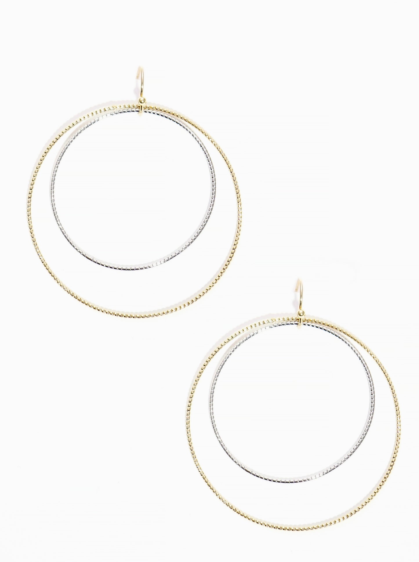 Textured Metal Double Round Fish Hook Dangle Drop Earrings