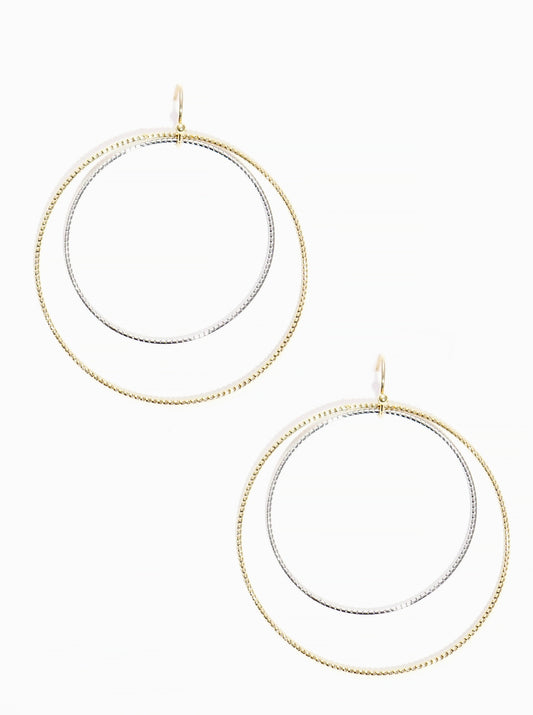 Textured Metal Double Round Fish Hook Dangle Drop Earrings