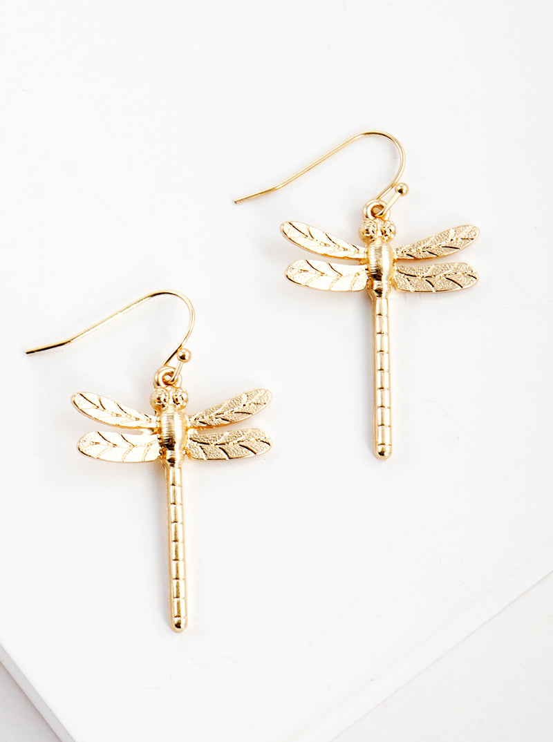 Textured Metal Dragonfly Dangle Drop Earrings