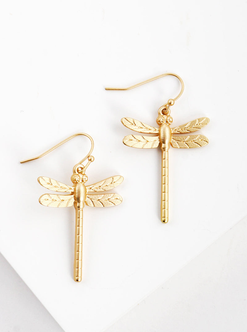 Textured Metal Dragonfly Dangle Drop Earrings