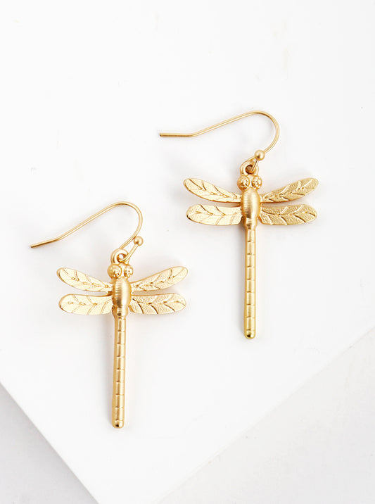 Textured Metal Dragonfly Dangle Drop Earrings