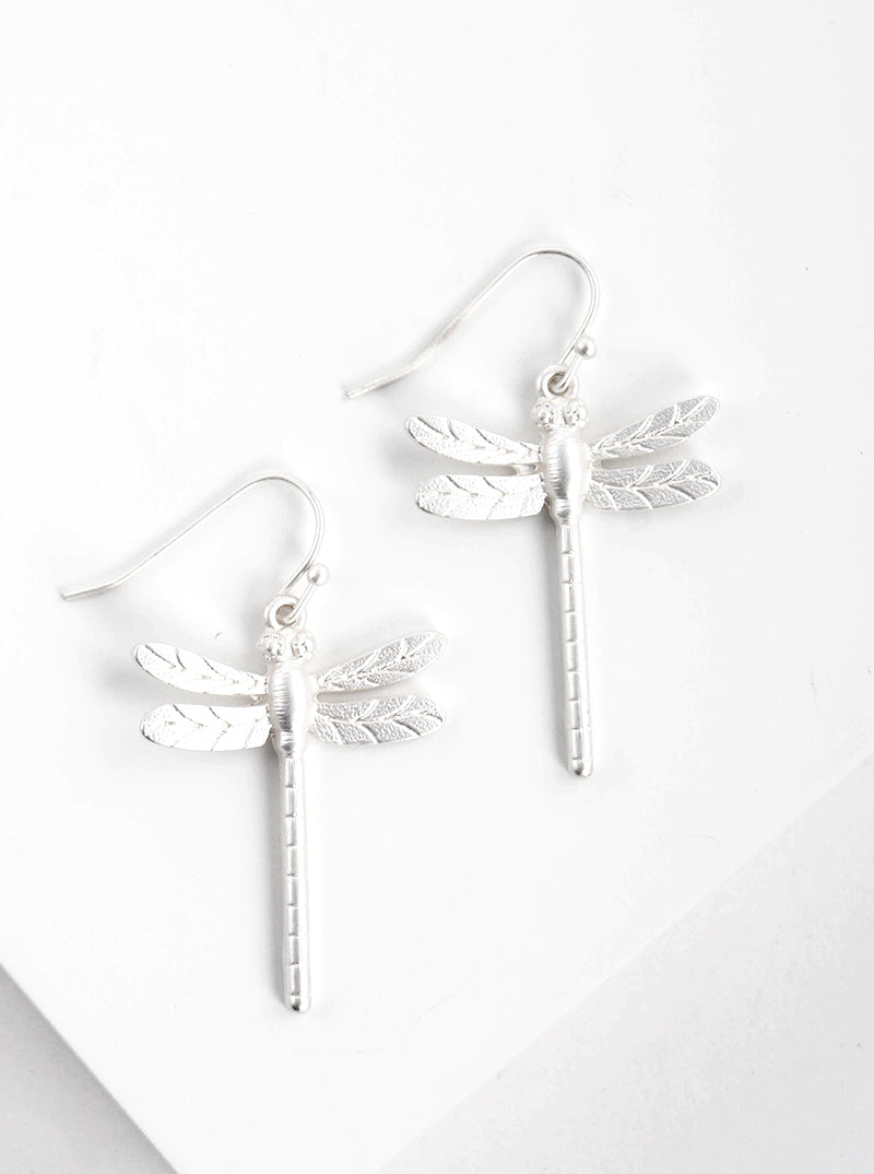 Textured Metal Dragonfly Dangle Drop Earrings