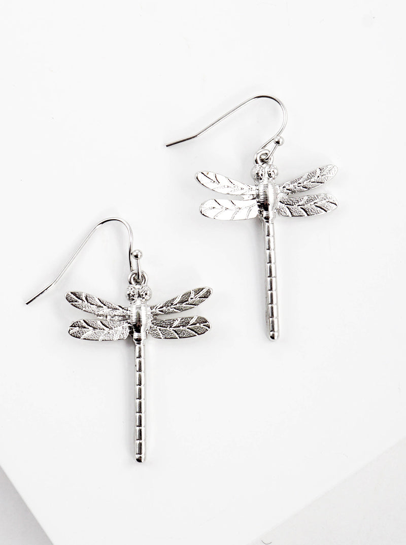 Textured Metal Dragonfly Dangle Drop Earrings