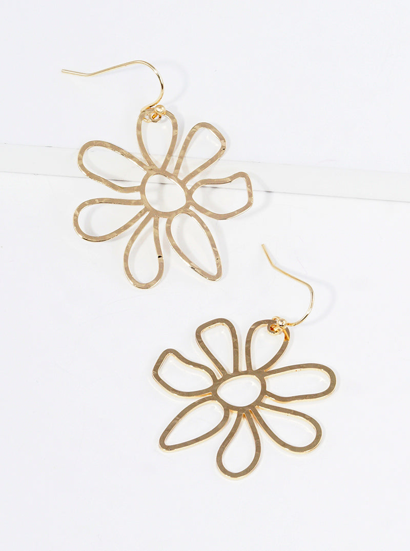 Textured Metal Floral Flower Petal Dangle Drop Earrings