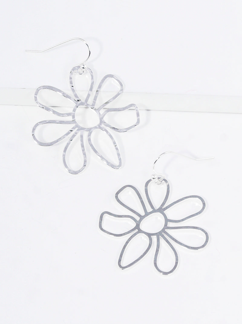 Textured Metal Floral Flower Petal Dangle Drop Earrings