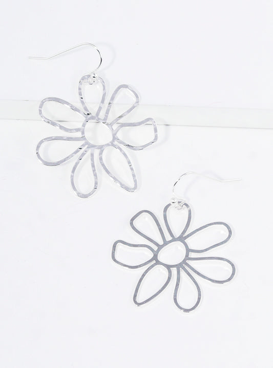 Textured Metal Floral Flower Petal Dangle Drop Earrings