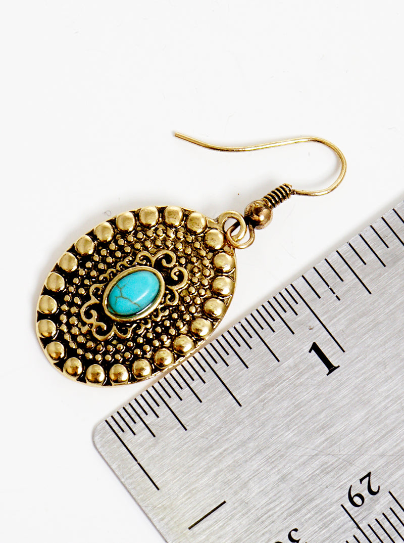 Textured Metal Oval Shape With Turquoise Dangle Drop Earrings