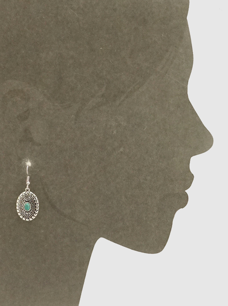 Textured Metal Oval Shape With Turquoise Dangle Drop Earrings