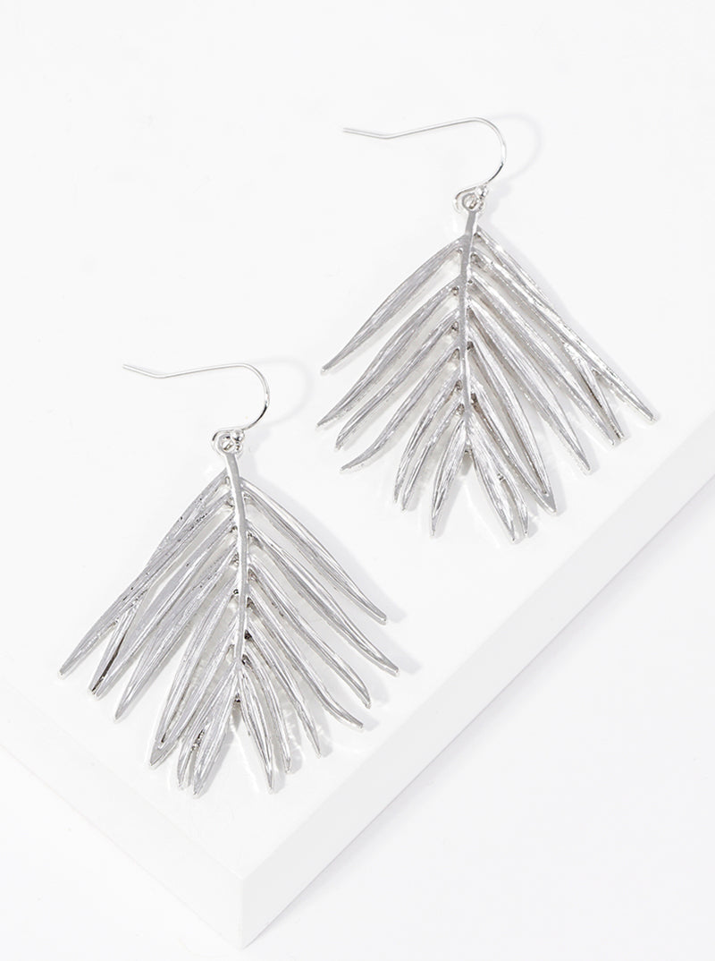 Textured Metal Palm Leaves Dangle Drop Earrings