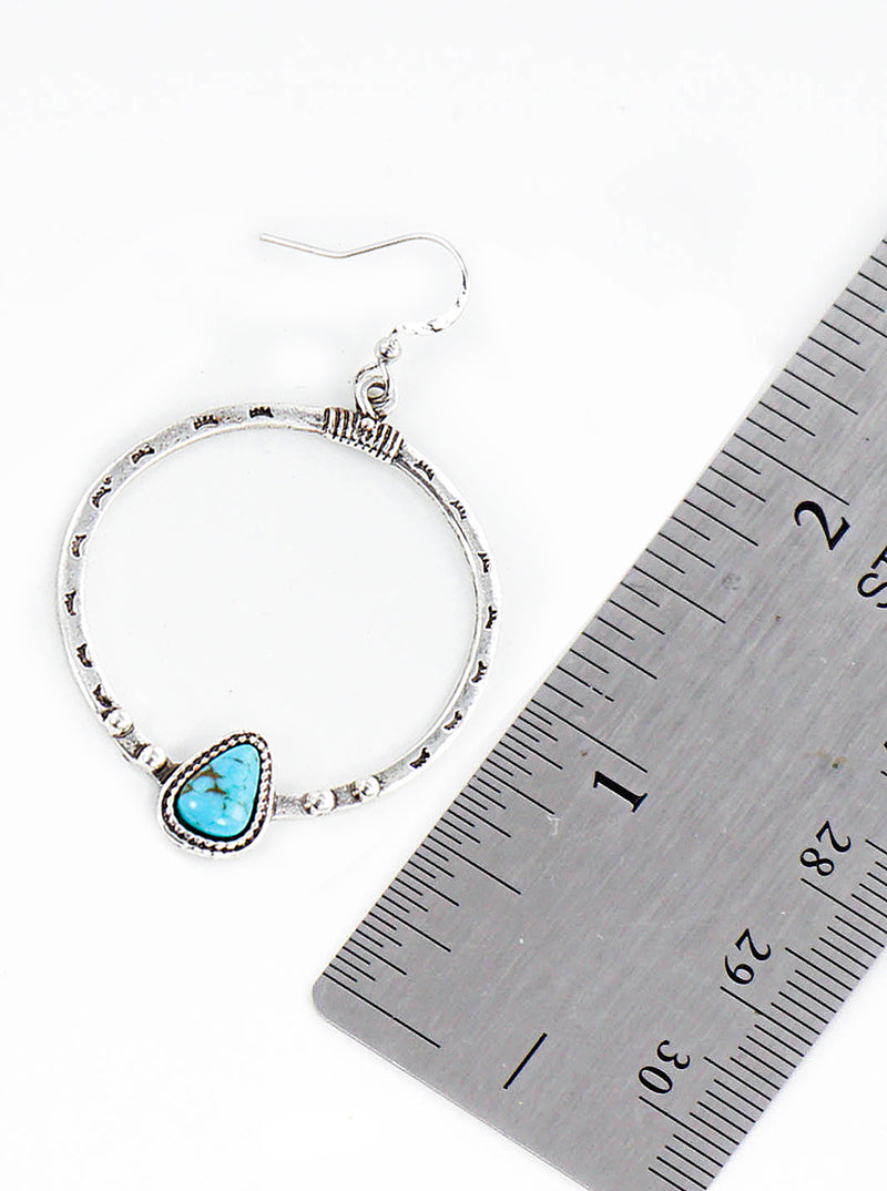Textured Metal Round Shape With Turquoise Accent Fishhook Dangle Drop Earrings