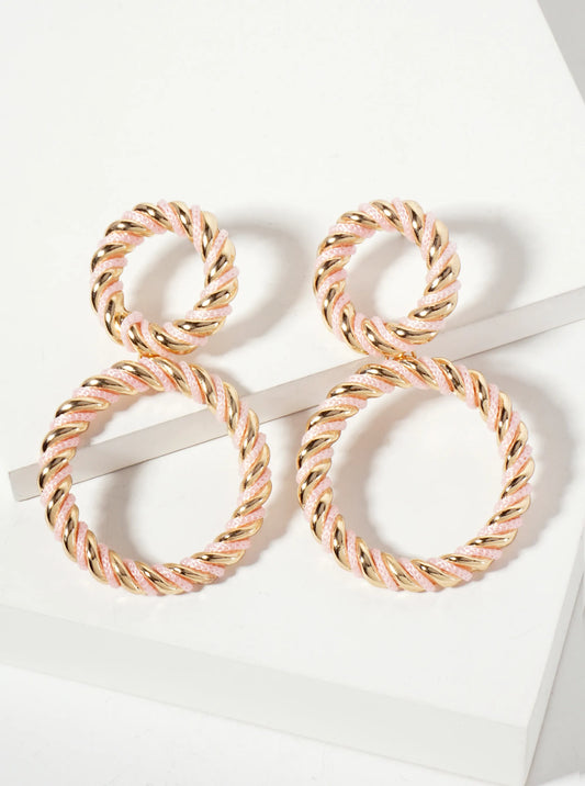 Thread-Wrapped Rope-Texture Double-Circle Drop Statement Earrings