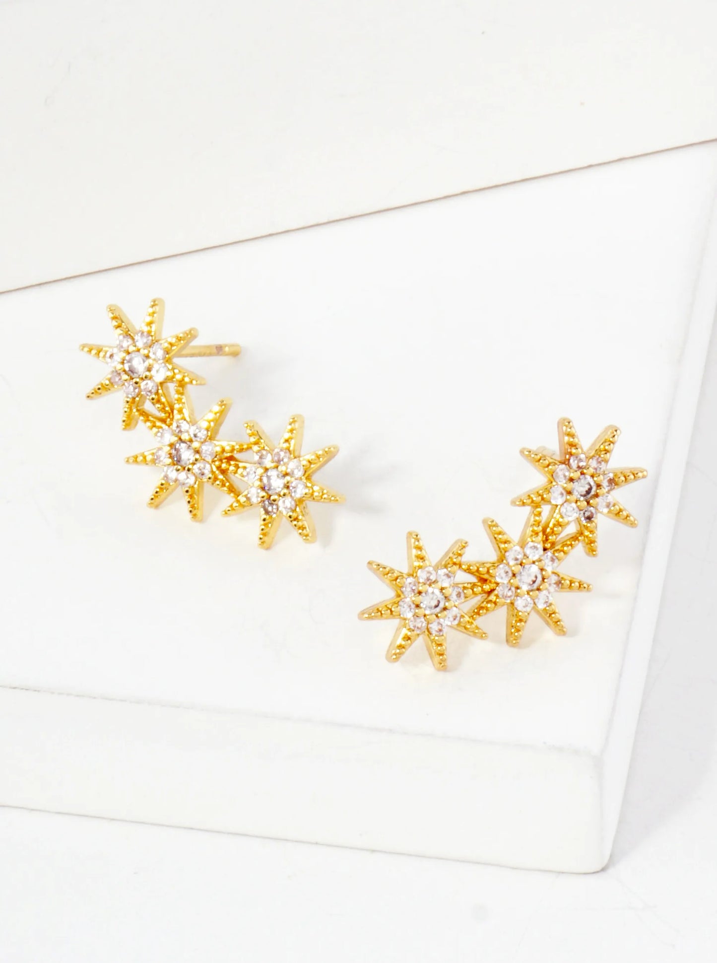 Three CZ Starlight Connected In-a-Curve 18K-Gold-Dipped Stud Earrings