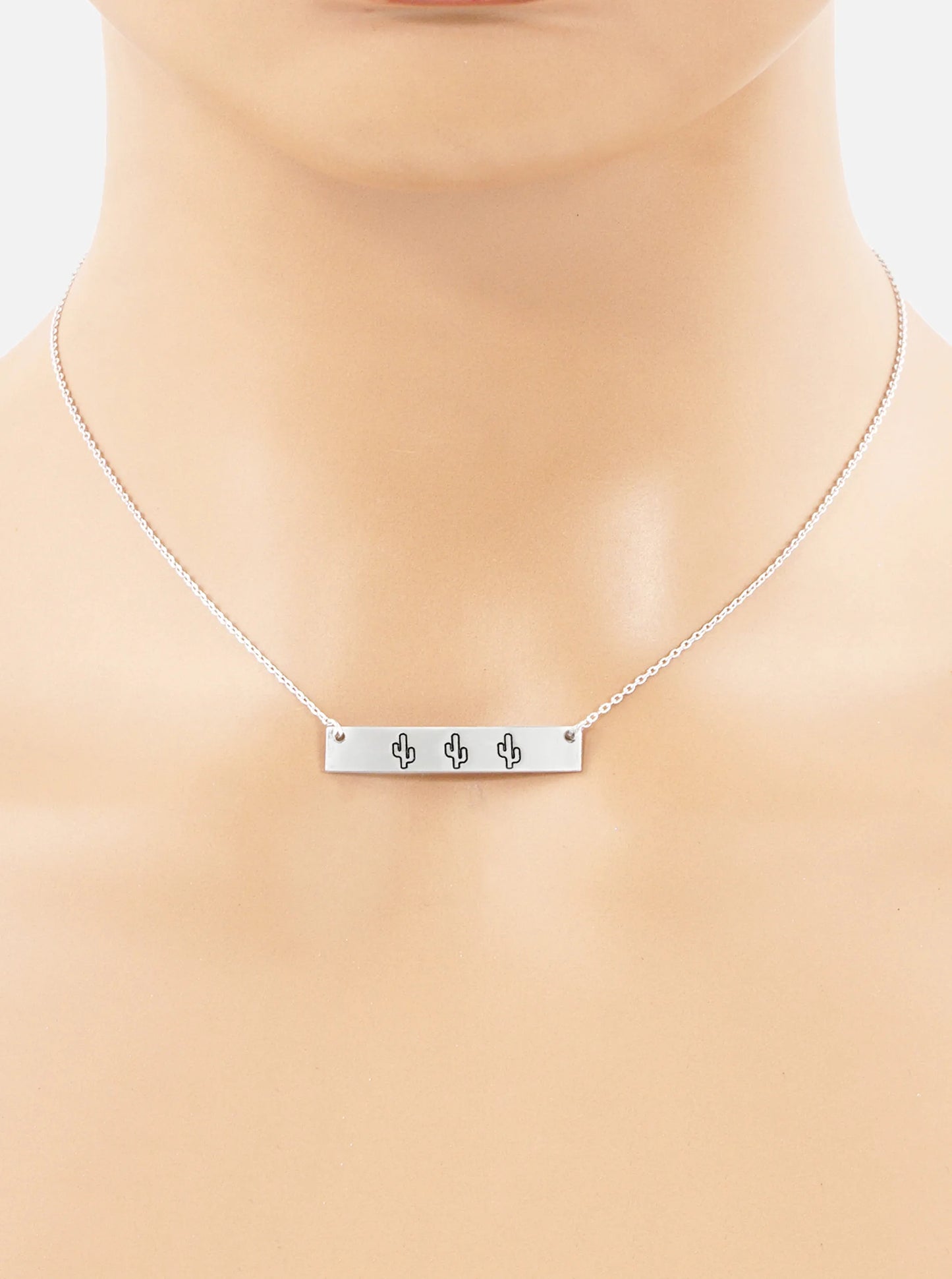Three Cactus Engraved Horizontal Bar Pendant Necklace