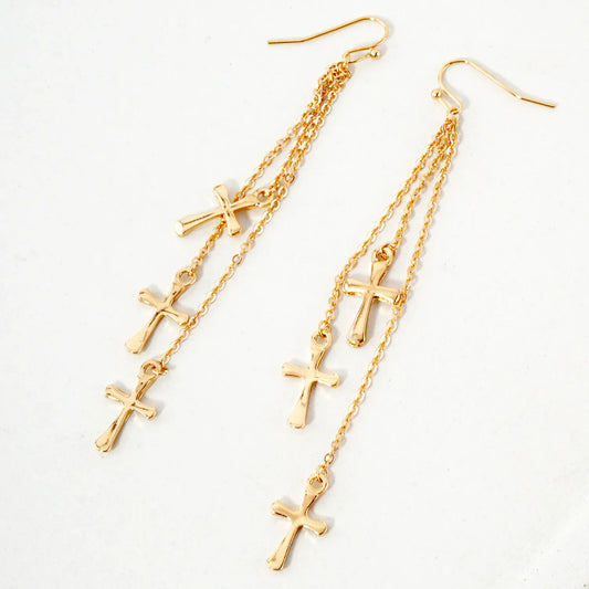 Three Cross Chain Drop Metal Earrings