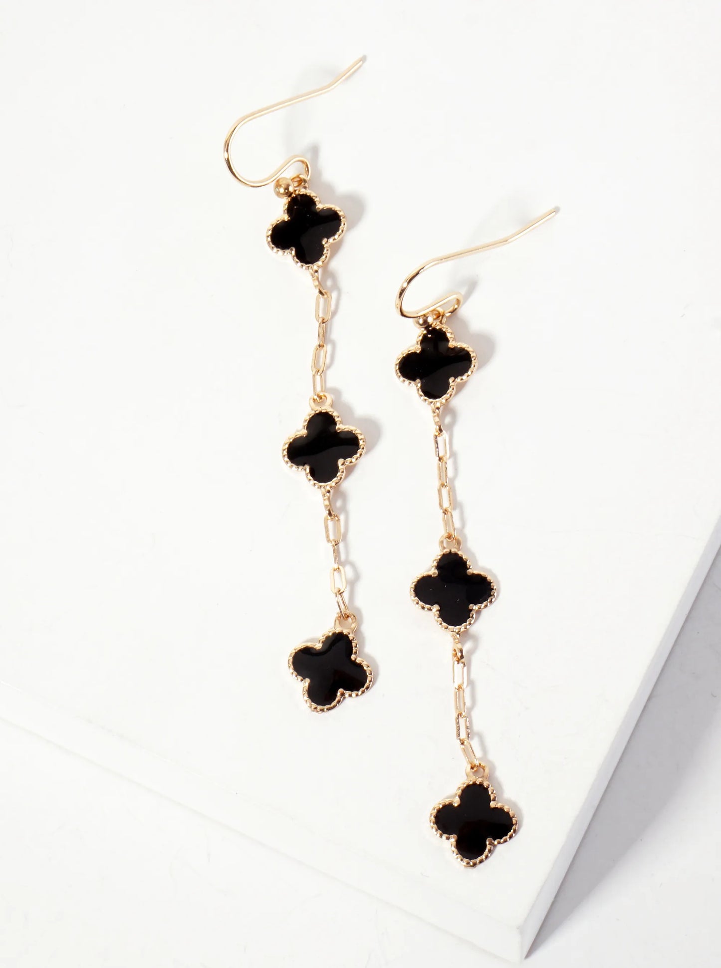 Three Enamel Quatrefoil Chain Drop Dangle Earrings