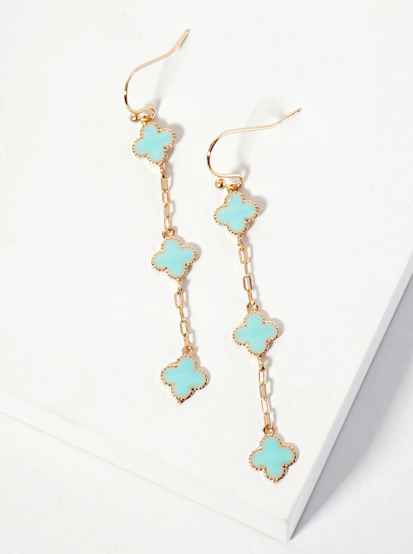 Three Enamel Quatrefoil Chain Drop Dangle Earrings