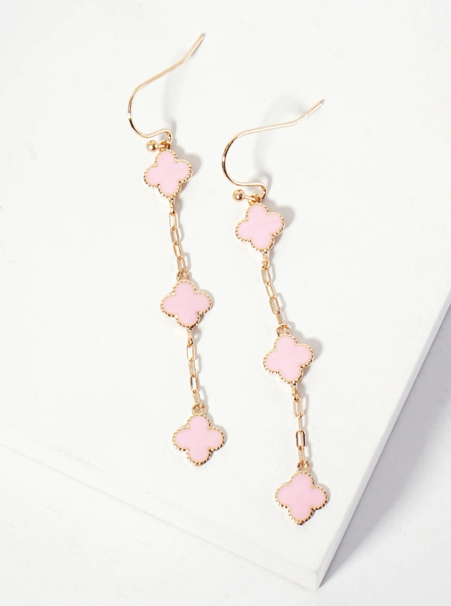 Three Enamel Quatrefoil Chain Drop Dangle Earrings