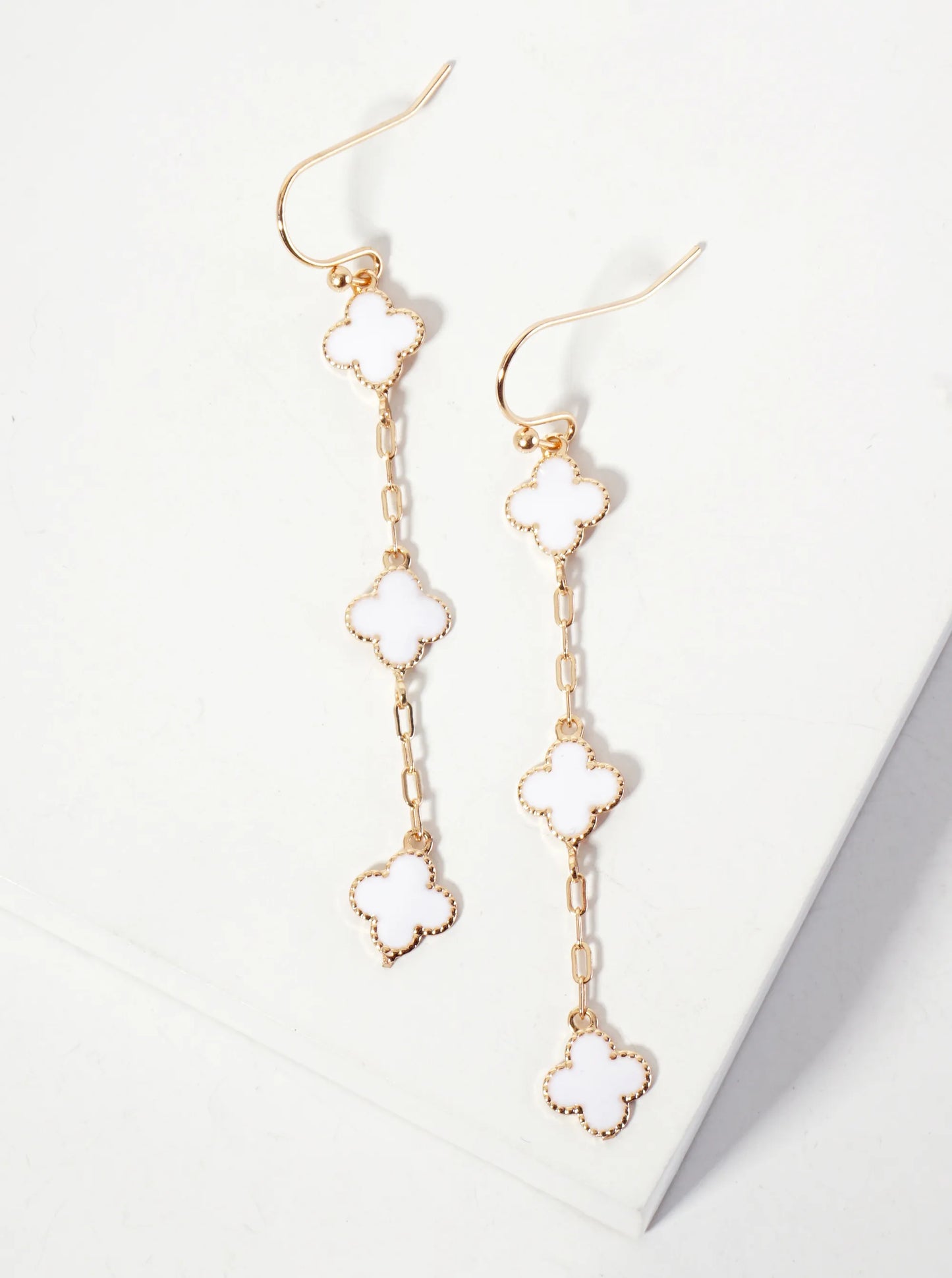 Three Enamel Quatrefoil Chain Drop Dangle Earrings