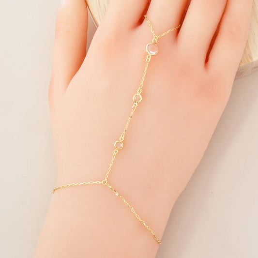Three Faceted Round CZ Accent 18K-Gold-Dipped Delicate Brass Hand-Chain Bracelet