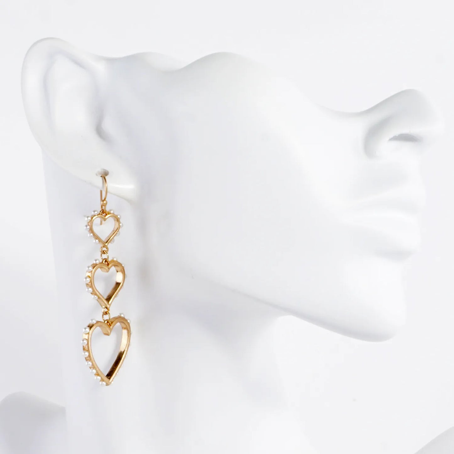 Three Graduated Heart Drop Earrings With Pearl-Trimmed Edges