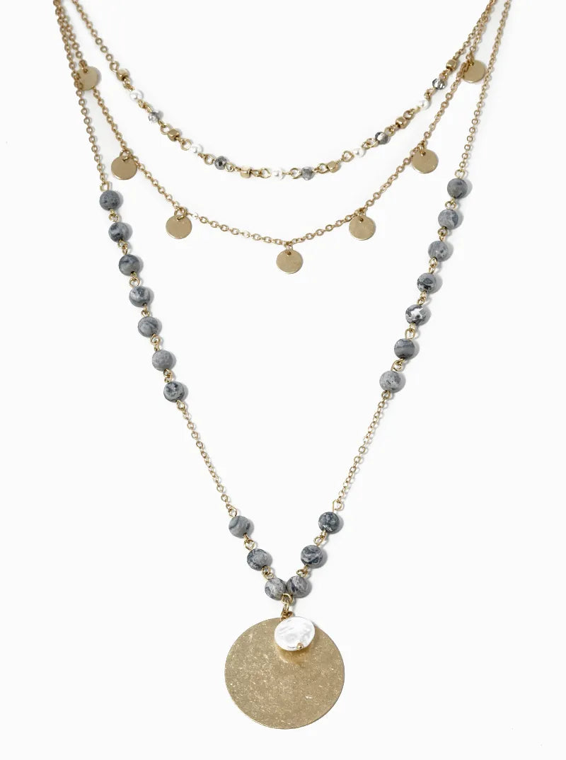 Three Layer 16 To 24 Inch Long Semiprecious Pendant Necklace With Freshwater Pearl