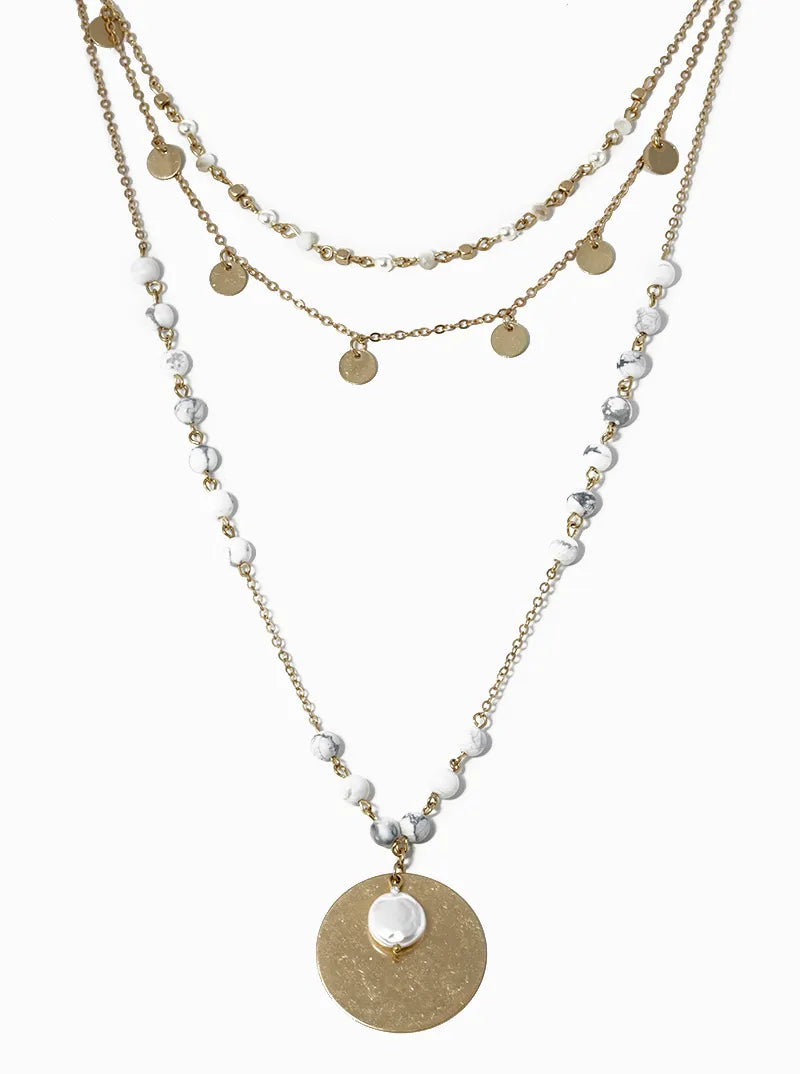 Three Layer 16 To 24 Inch Long Semiprecious Pendant Necklace With Freshwater Pearl