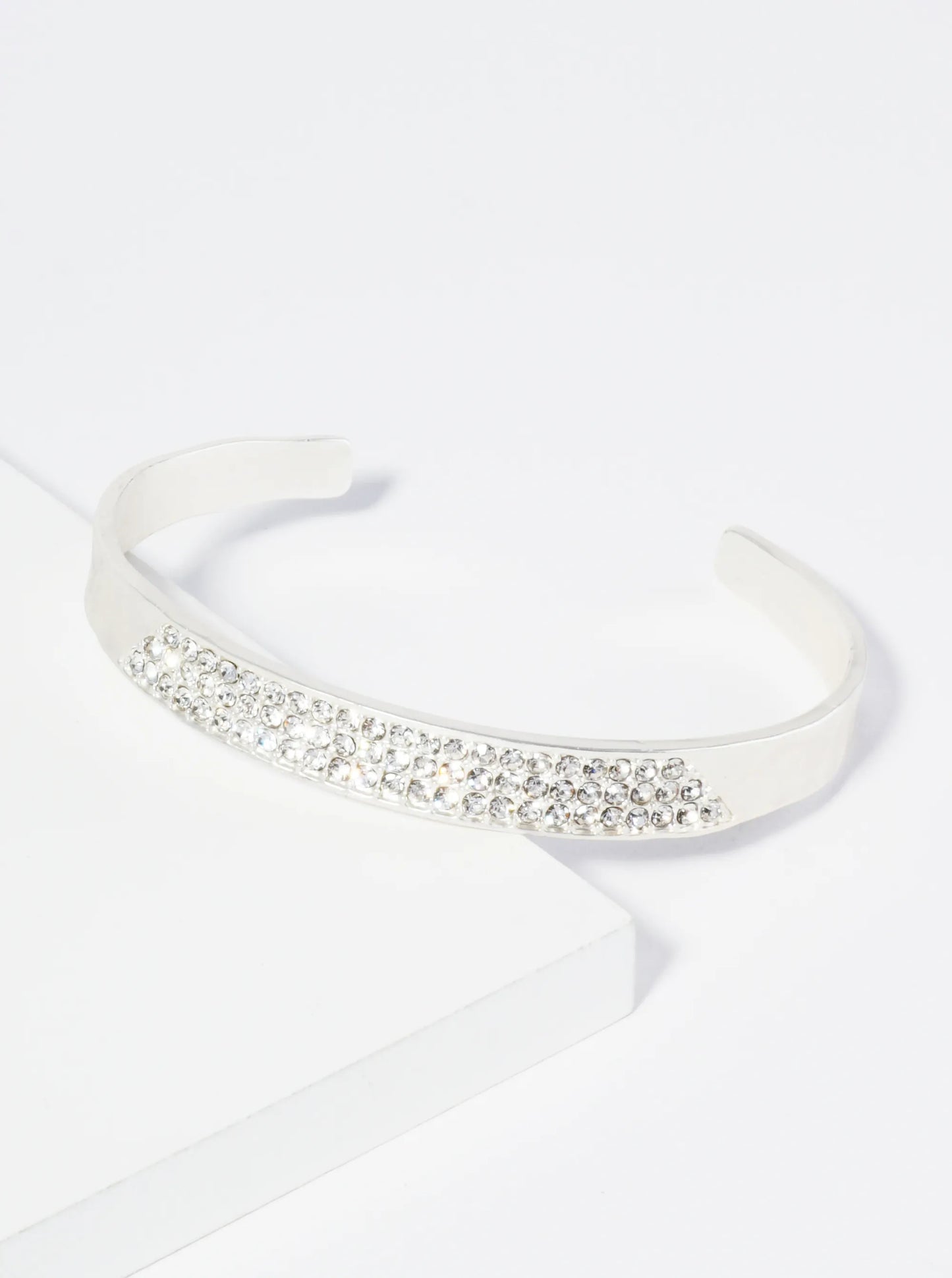 Three Line Crystal Pave Hammered Open Cuff Bracelet