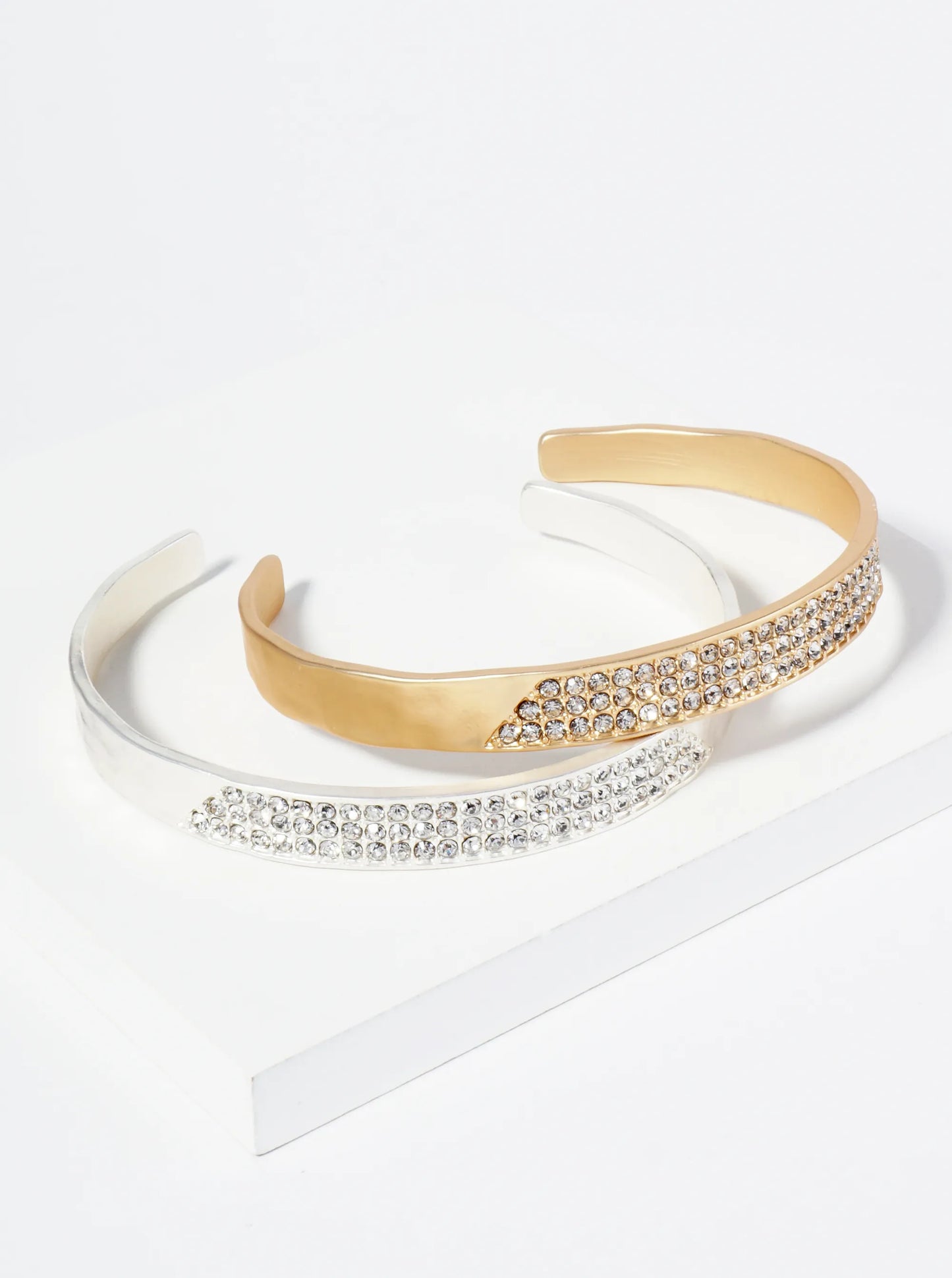 Three Line Crystal Pave Hammered Open Cuff Bracelet