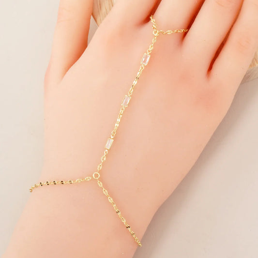 Three Rectangle CZ Accent 18K-Gold-Dipped Delicate Brass Hand-Chain Bracelet