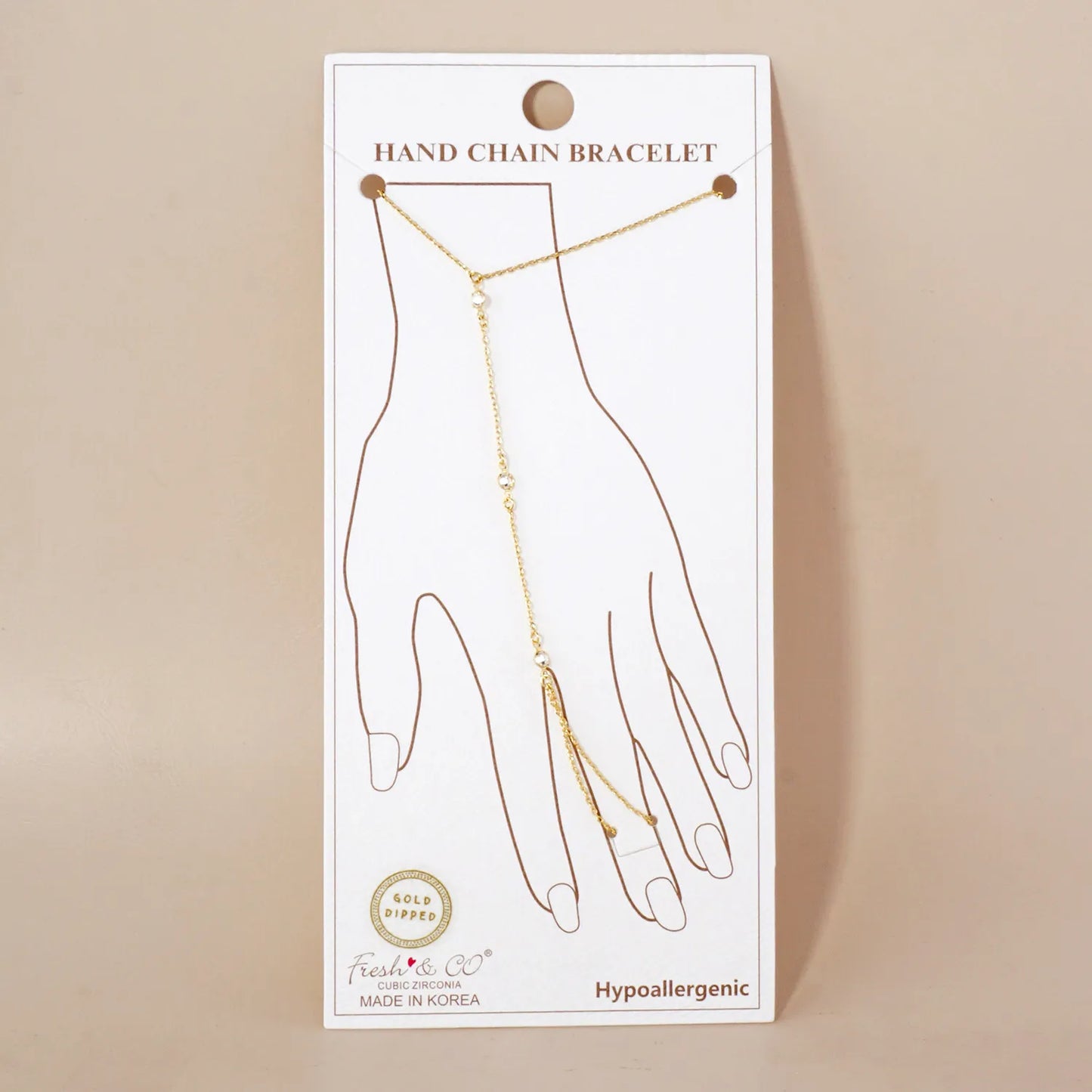 Three Round CZ Accent 18K-Gold-Dipped Delicate Brass Hand-Chain Bracelet
