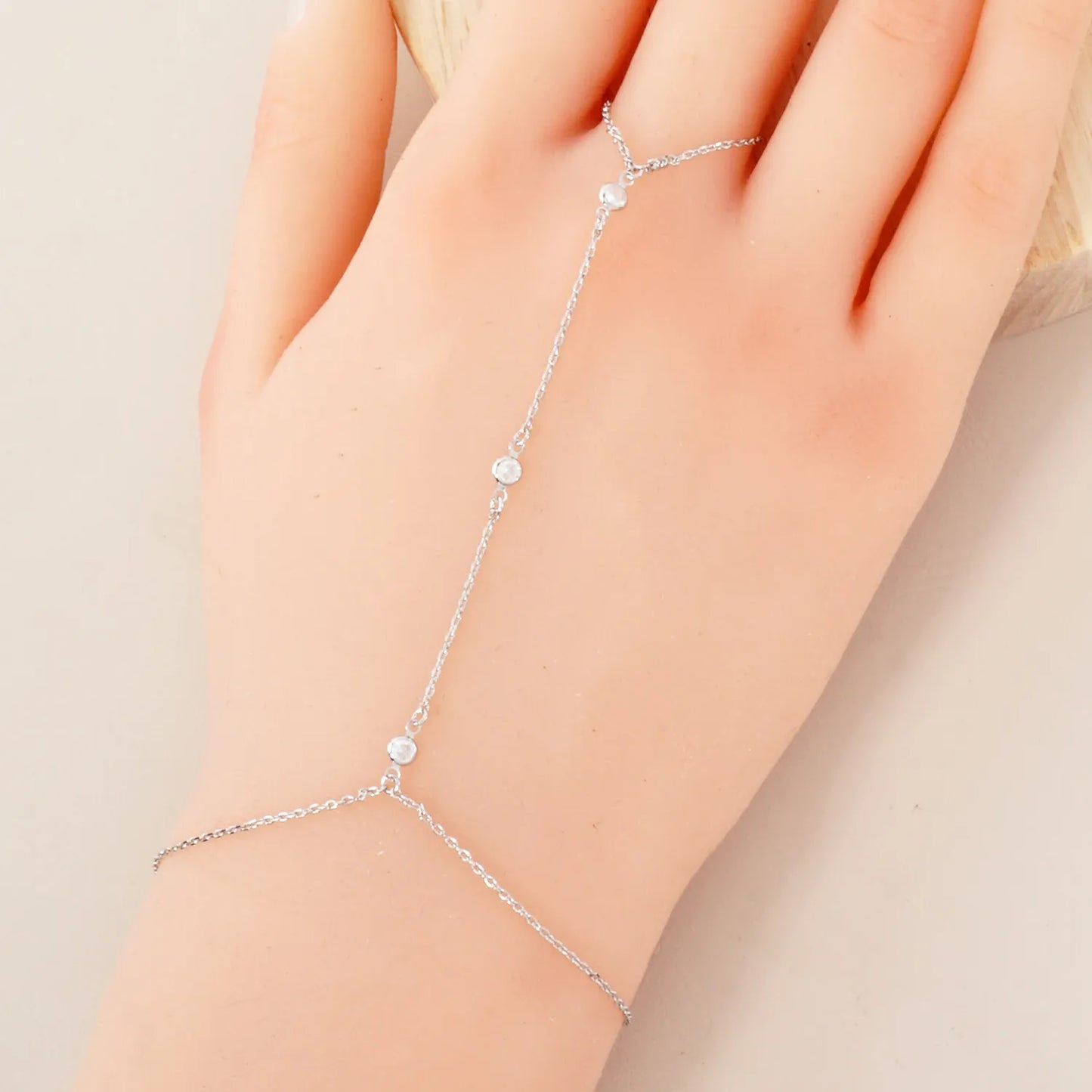 Three Round CZ Accent 18K-Gold-Dipped Delicate Brass Hand-Chain Bracelet