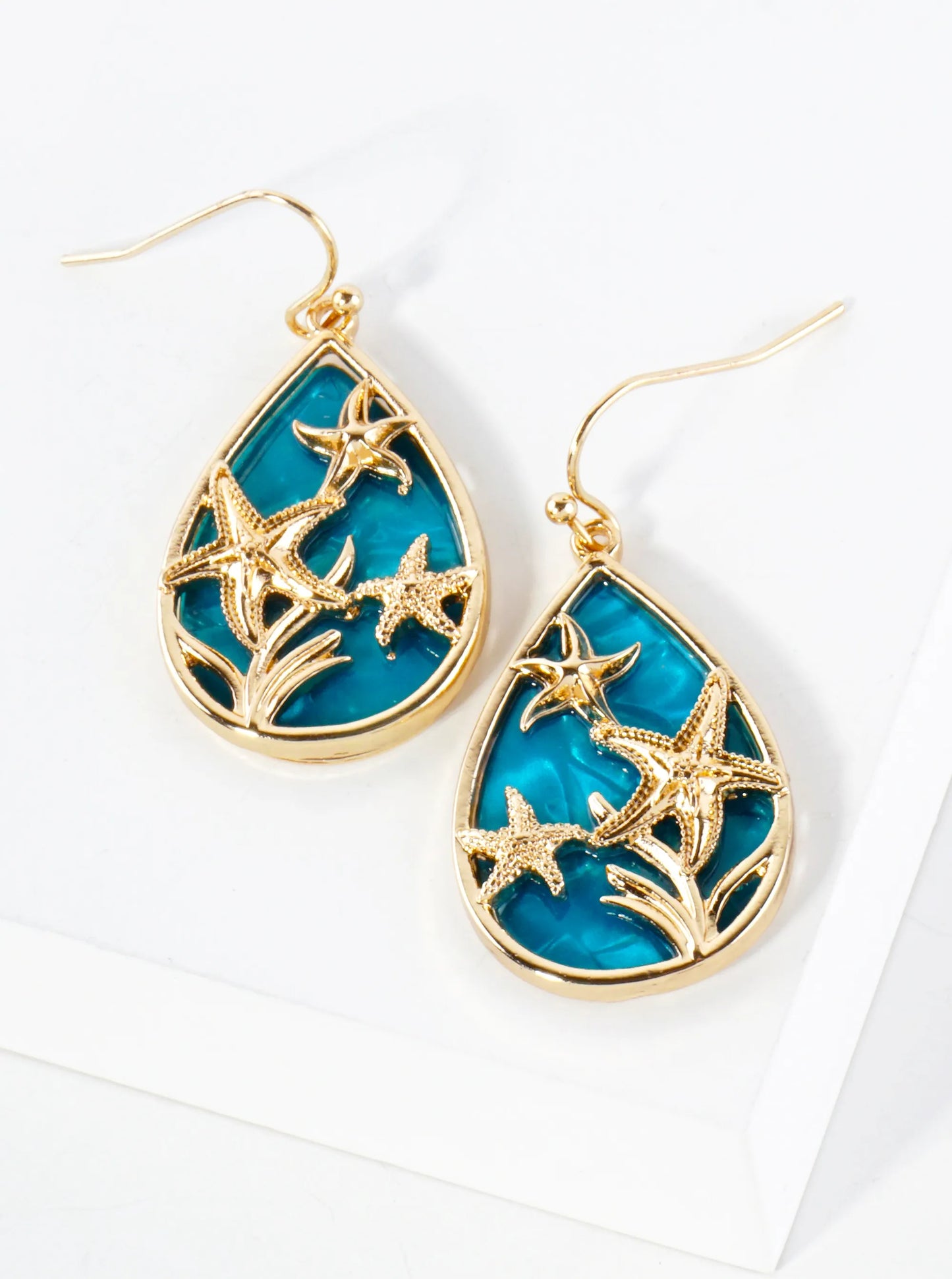 Three Starfish Inside Teardrop Ocean Inspired Sea-Life Dangle Earrings