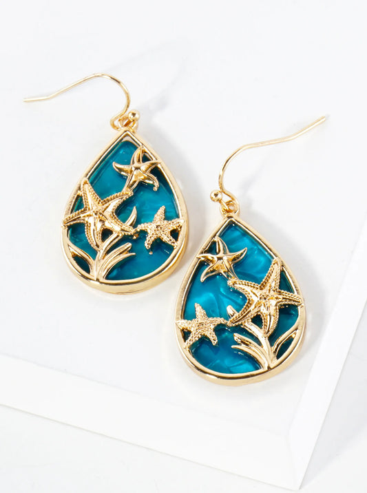 Three Starfish Inside Teardrop Ocean Inspired Sea-Life Dangle Earrings