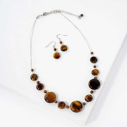 Tigers-Eye Semi-Precious Natural-Stone 16-Inch Necklace Set-with-Earrings