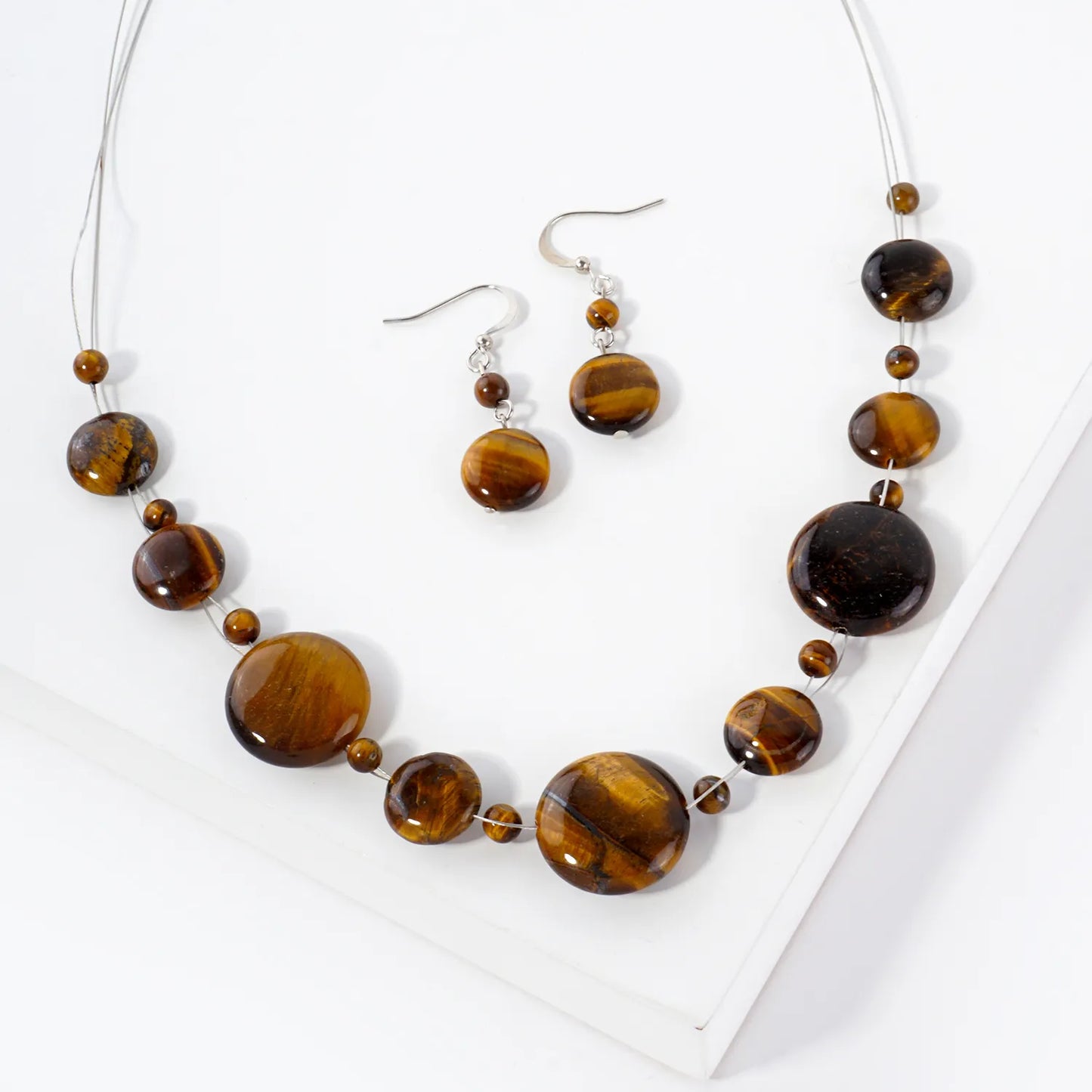 Tigers-Eye Semi-Precious Natural-Stone 16-Inch Necklace Set-with-Earrings