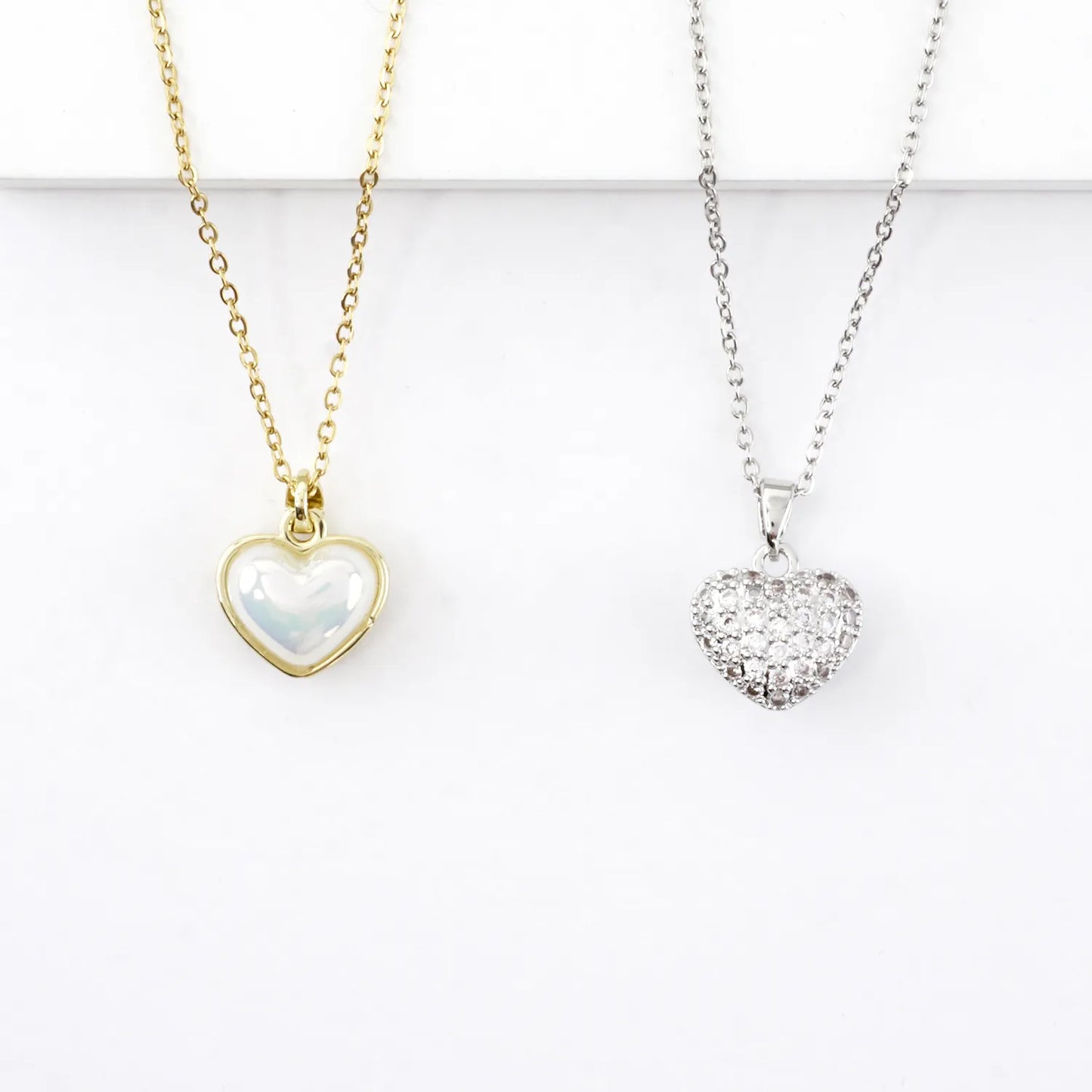 Tiny 2 Sided Puffy Heart Pave Pearlized Necklace