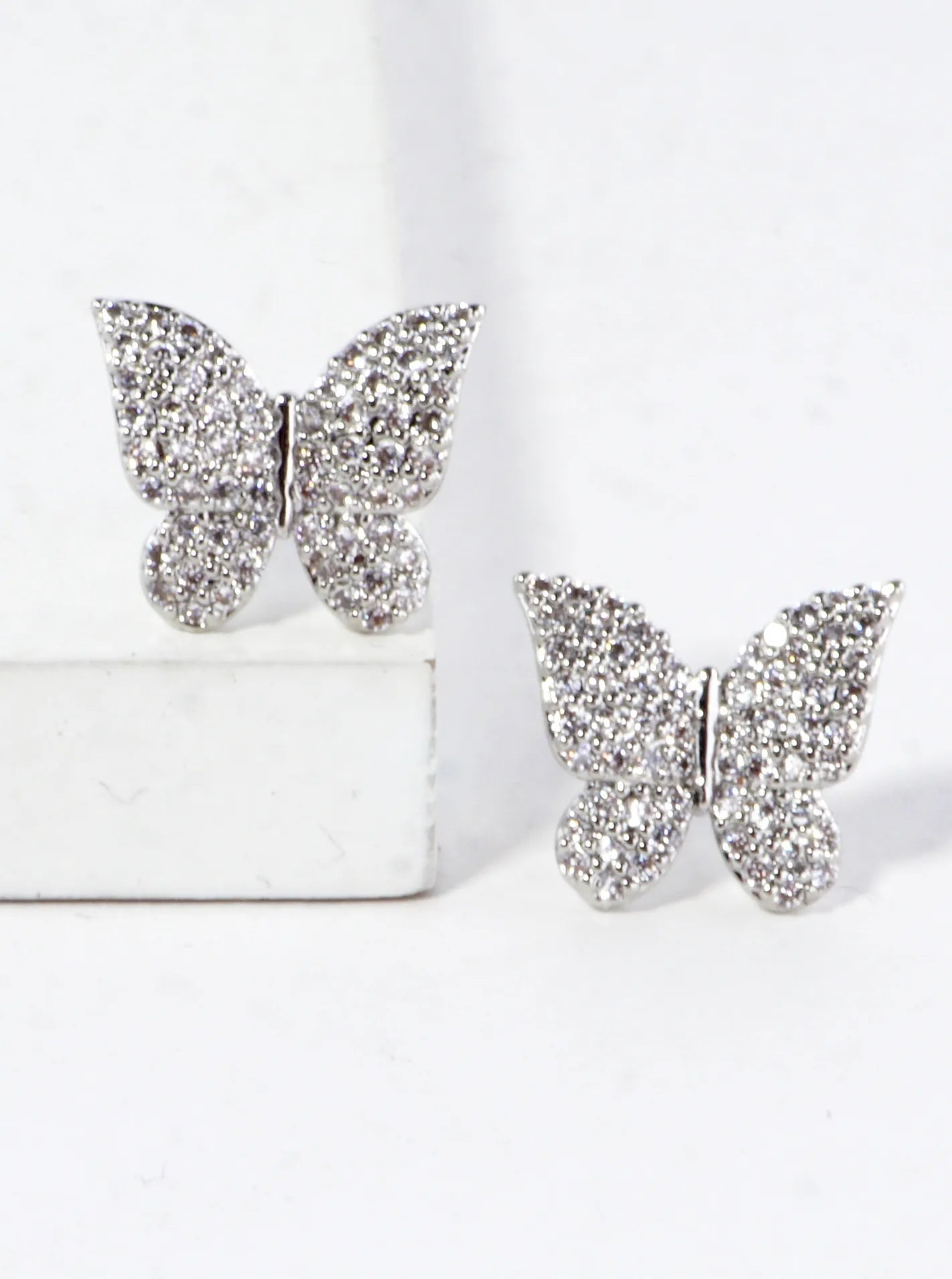 Tiny 3D CZ Pave Brass Butterfly Stud Earrings