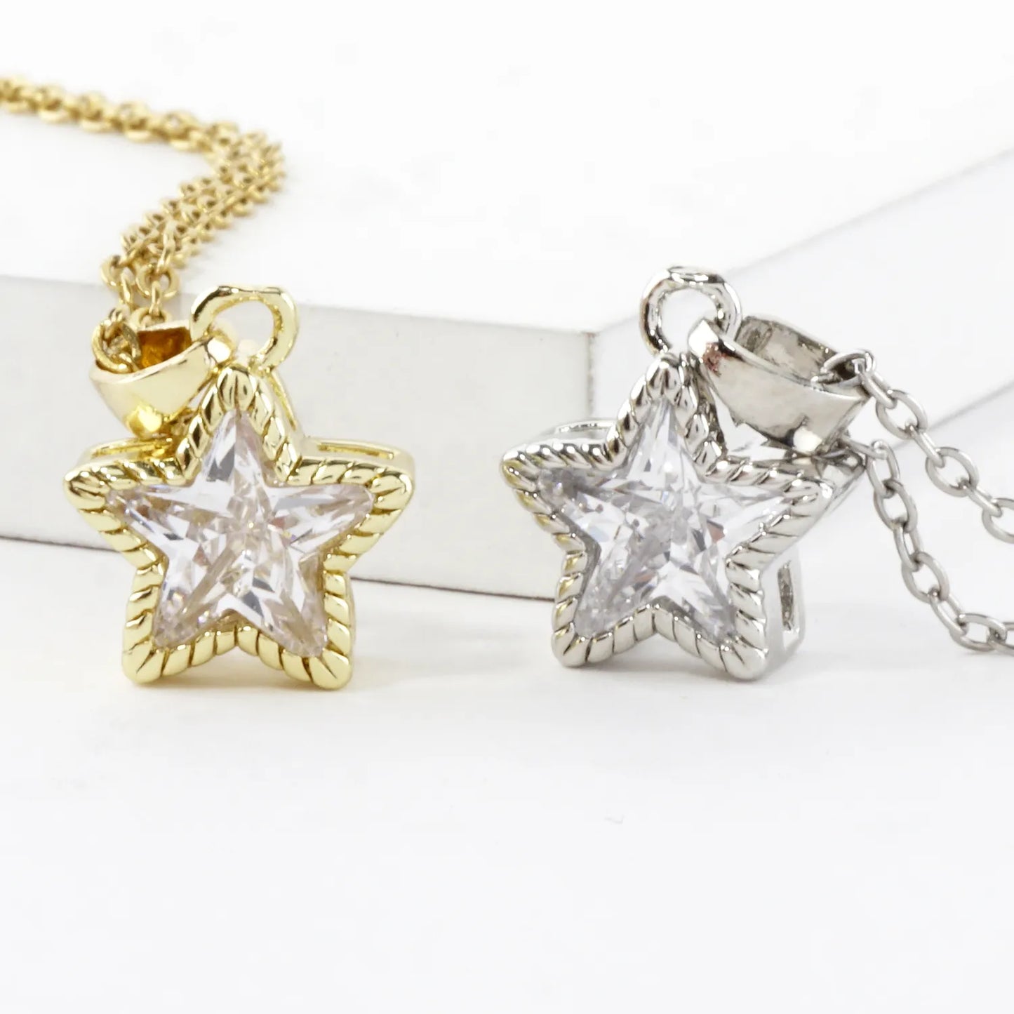 Tiny Bezel Set Star Shape CZ Stainless Necklace